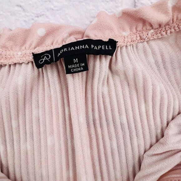 Adriana Papell Sleeveless Shirt Blouse Medium Pink Polka Dot Ruffle Tie Neck‎ - Picture 3 of 9